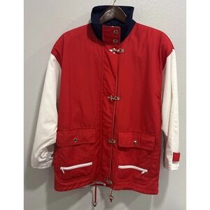 VTG London Fog Rain Coat Med Red Cotton Lined Toggle Fisher Core Ocean irregular
